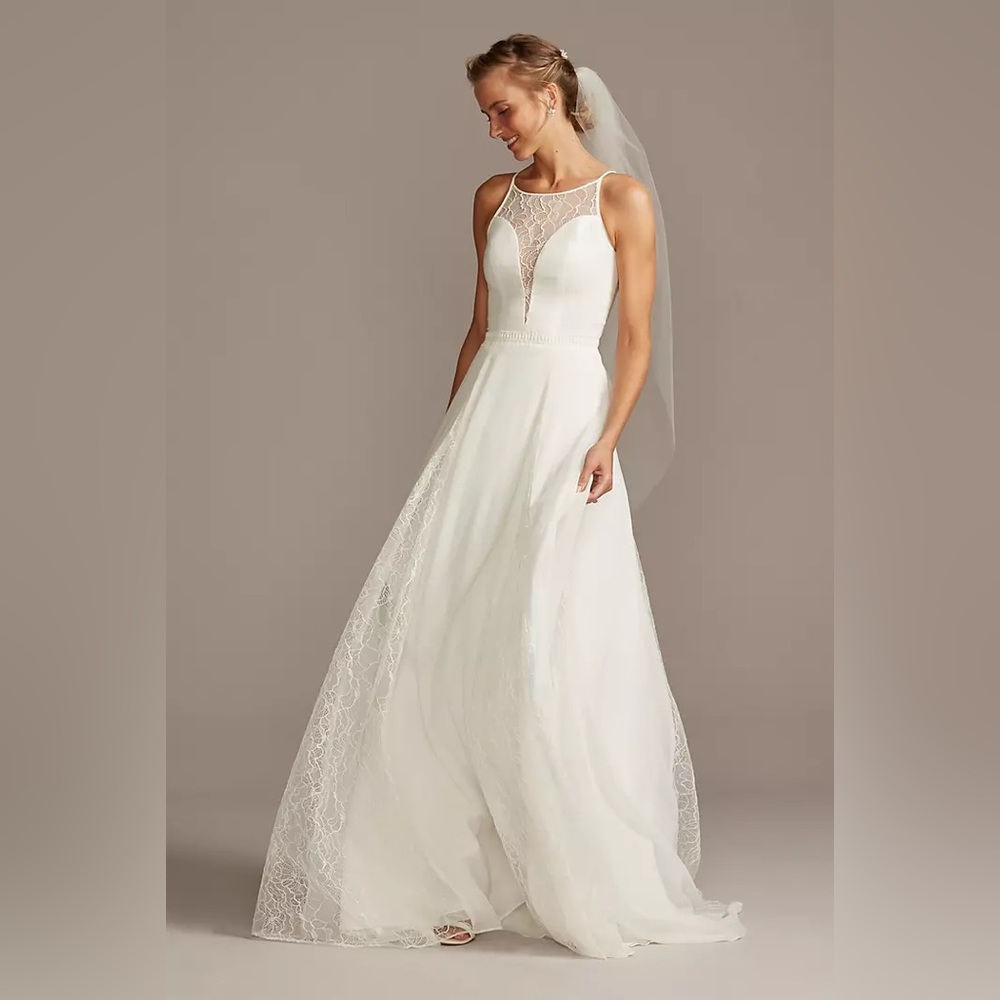 DAVID’S BRIDAL HIGH NECK LACE GODET PLUS SIZE WEDDING DRESS,SOFT WHITE, SIZE 24W